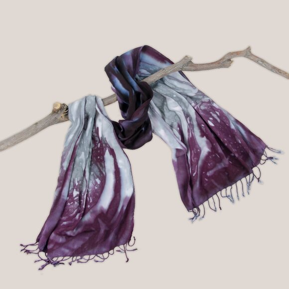 Eolande Tie Dye Scarf | Purple and Gray Hand-Dyed Fringe Rayon Wrap - Picture 1 of 3